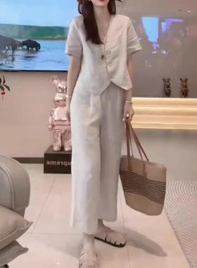 36032大爱美依缘夏季新款时尚V领短袖上衣高腰阔腿裤休闲显瘦