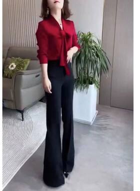 23265大爱美依缘新款韩版纯色系带长袖上衣高腰微喇长裤女装