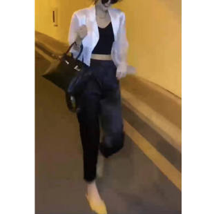 23021大爱美依缘夏季新款港风缎面网纱西装防晒外套哈伦裤女