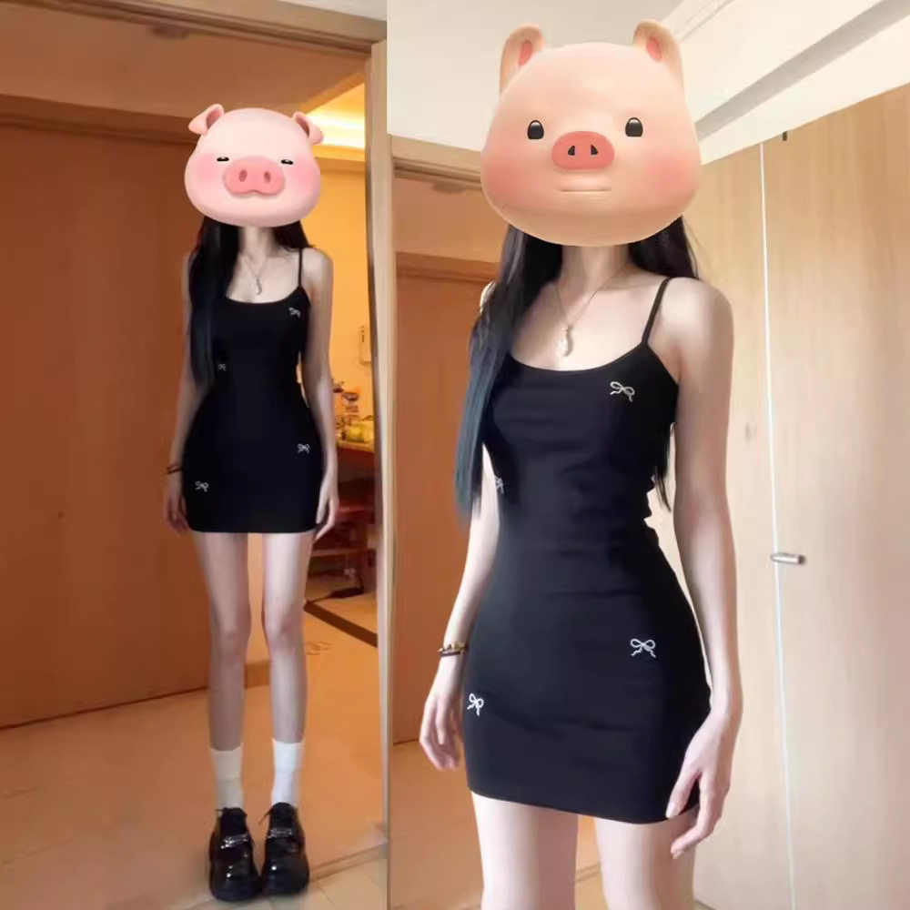 纯欲蝴蝶结刺绣黑色吊带连衣裙夏连衣裙