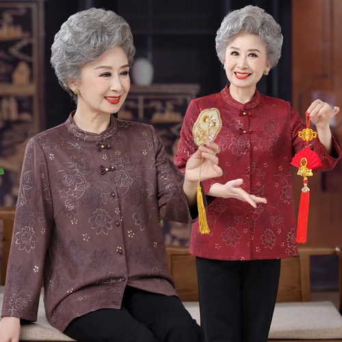 中老年妈妈中式立领花卉衬衫