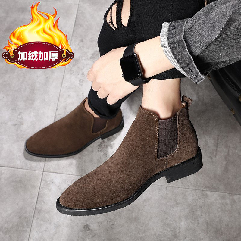 BRITISH CHELSEA BOOTS MENS LEATHER SUEDE CASUAL BOOTS POINTED TOE RETRO HEIGHTENED VELVET MARTIN BOOTS MENS HIGH-TOP