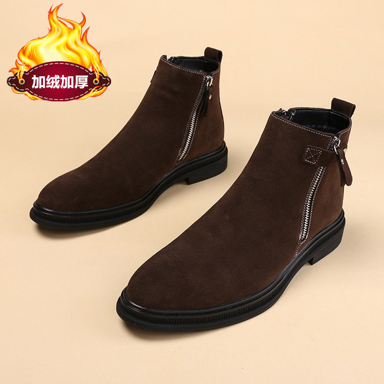 POINTED TOE CHELSEA BOOTS MENS PLUS VELVET LEATHER BROWN SHORT BOOTS TREND TO INCREASE THE BRITISH HIGH-TOP MARTIN BOOTS MEN