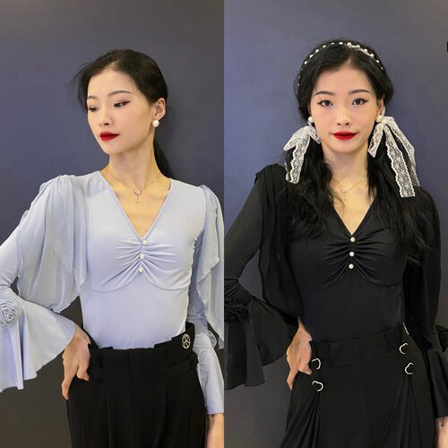 FAIRY舞服新款长袖珍珠V领连体衣拉丁舞上装连体衣女摩登上衣