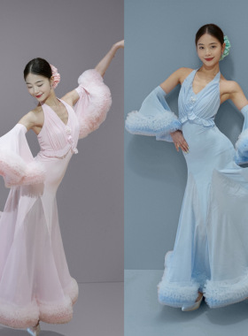 Fairy摩登舞摩登裙摩登表演裙仙仙含袖飘蓝色粉色显瘦挂脖气质