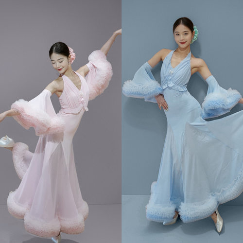 Fairy摩登舞摩登裙摩登表演裙仙仙含袖飘蓝色粉色显瘦挂脖气质