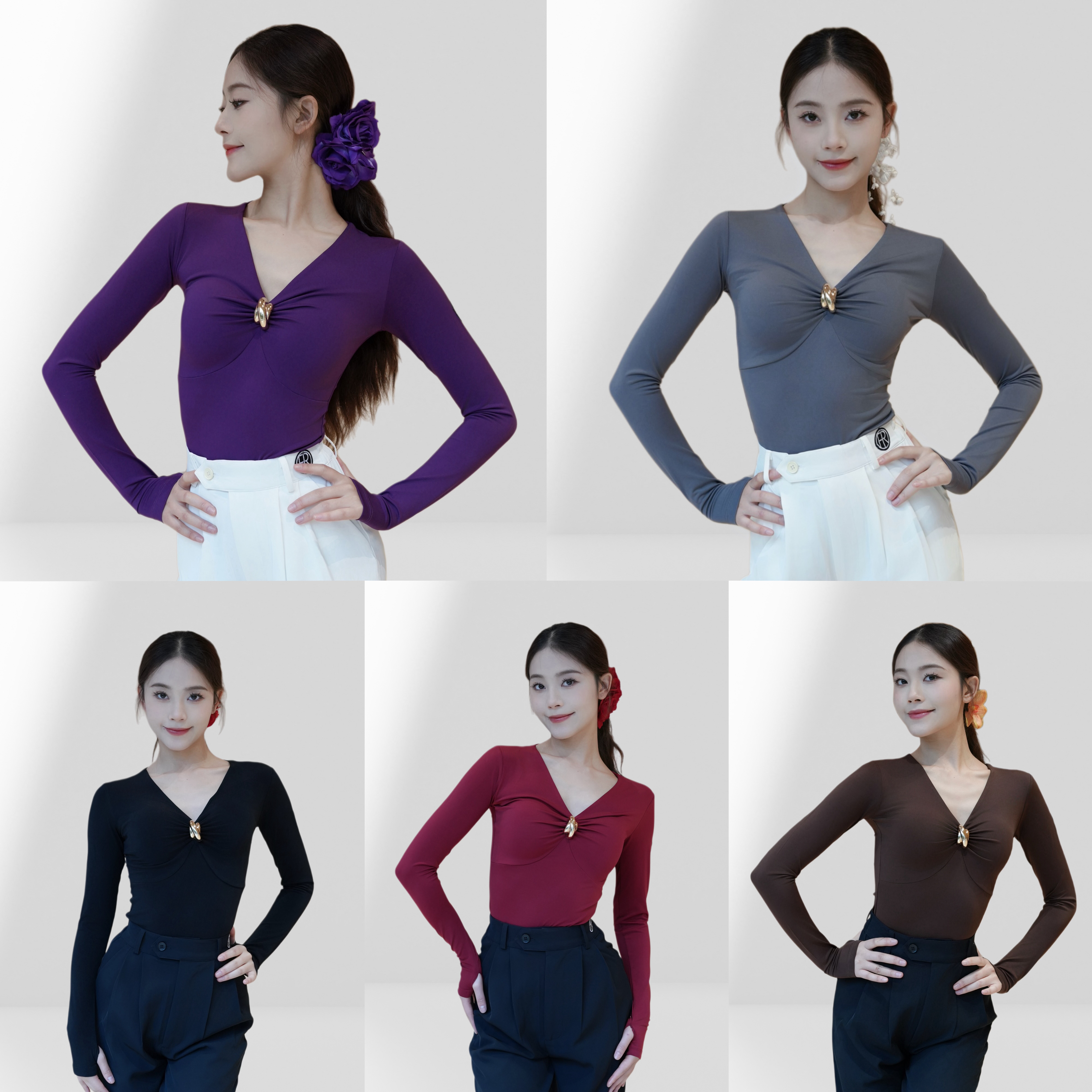 Fairy拉丁舞服女秋新款V领金属扣装饰长袖练功服摩登拉丁训练服