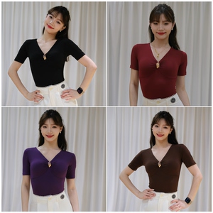 Fairy舞服拉丁舞摩登舞夏季v领短袖上衣显瘦连体气质女新款金属扣
