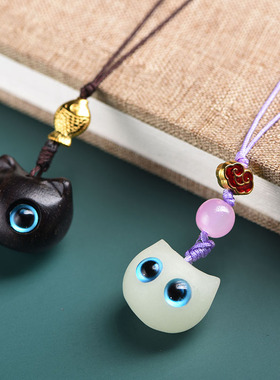 玄同紫光檀夜光石创意可爱小福猫包包挂件木钥匙扣手机链女情侣