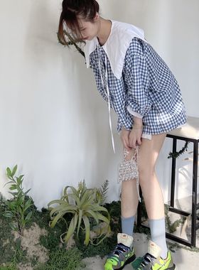 5折清仓 Mobius K娃娃领可爱蓝色格子衬衫