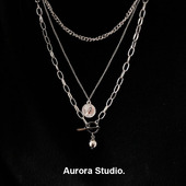 ins欧美冷淡风三层叠带嘻哈长款 项链男女百搭硬币毛衣链土酷暗黑