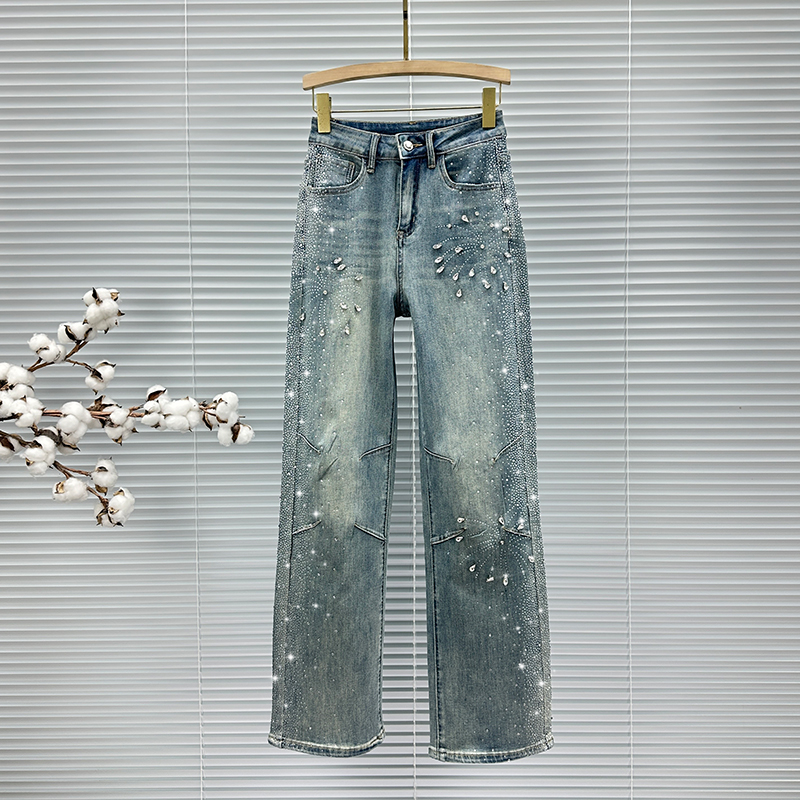 潮流烫钻镶钻阔腿牛仔裤女长裤潮