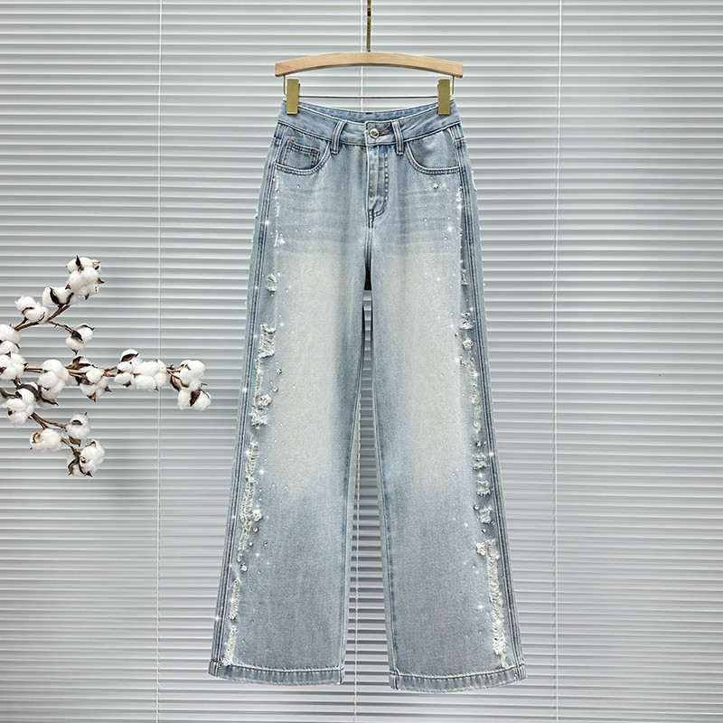 ins时尚烫钻破洞牛仔长裤女潮2026年新款夏装高腰宽松百搭阔腿裤