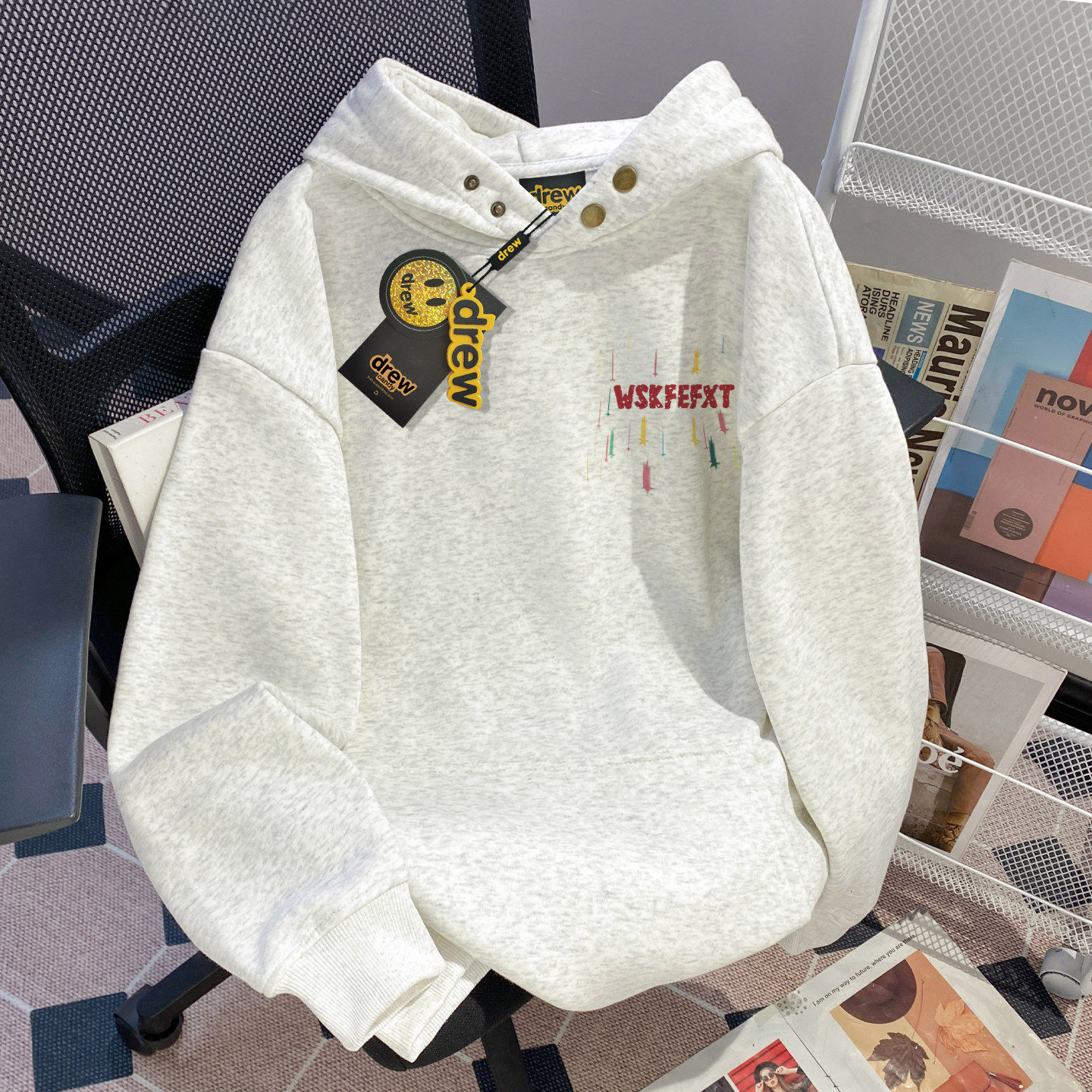 drew灰色连帽卫衣男女款秋冬季加绒加厚慵懒风纯棉重磅高中生美式