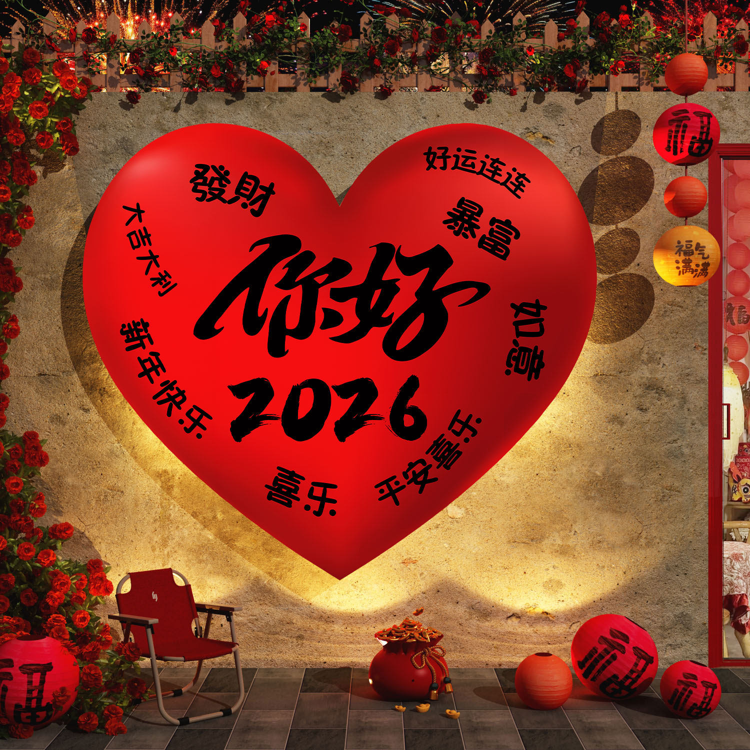 【超立体】2026新年装饰爱心墙贴