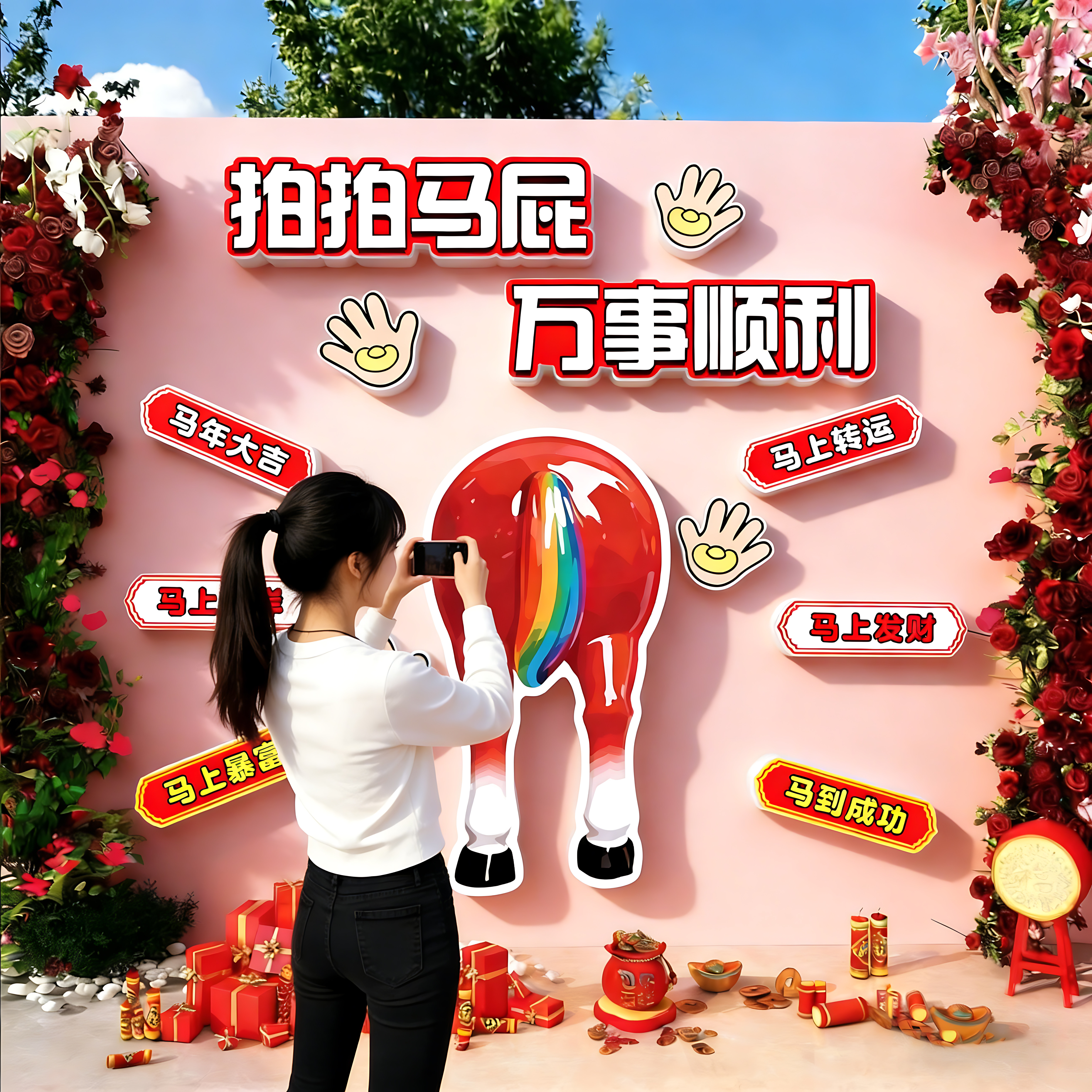 拍马屁打卡墙2026过马年快乐贴背景墙装饰氛围布置网红小院造景场,家居饰品,文化墙贴,淘宝优惠券,粉丝福利购,淘宝优惠卷