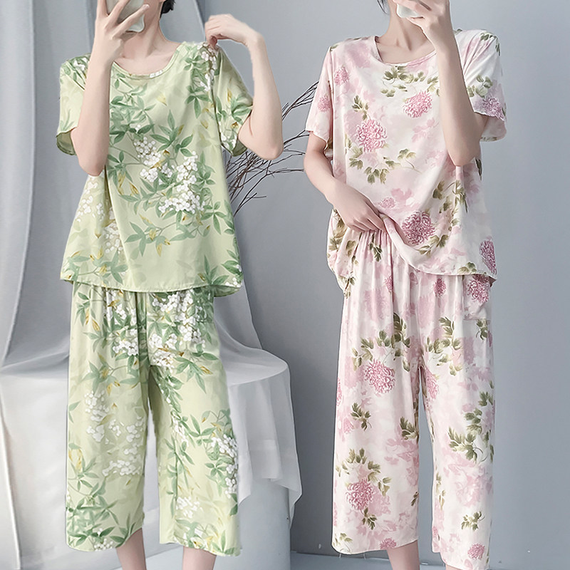 棉绸套装女士宽松薄款家居服睡衣图片
