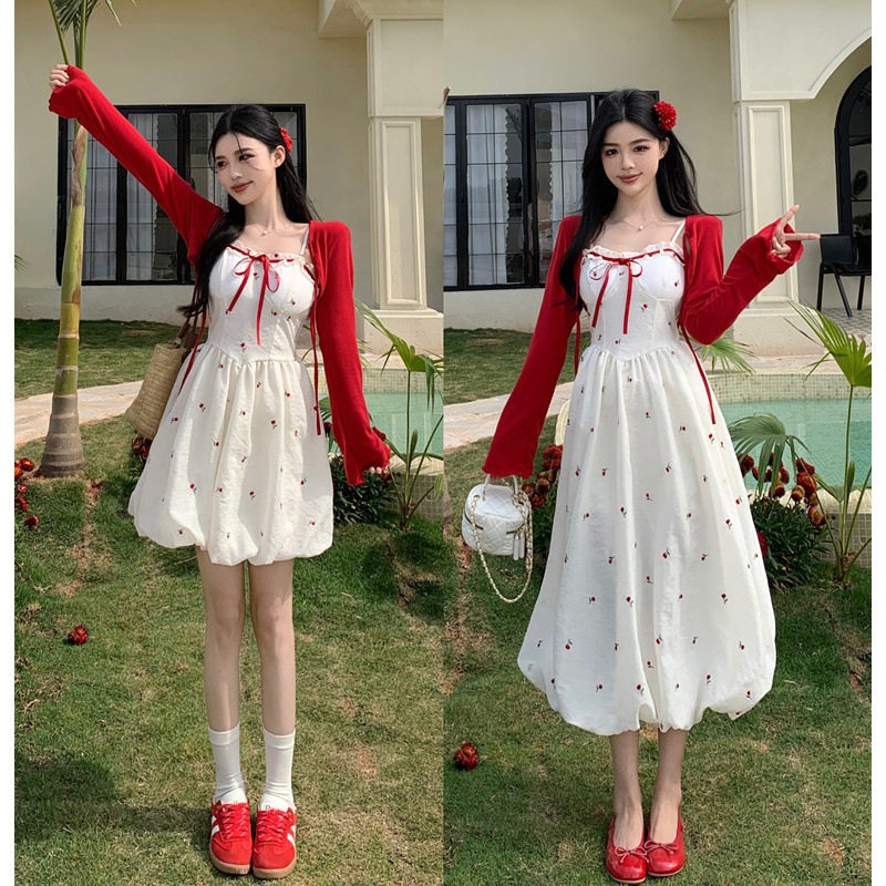 大码松风茶韵甜欲风刺绣碎花吊带裙女春夏收腰法式花苞短裙子