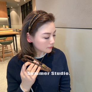 小众复古麂皮绒豹纹发箍 设计感头箍 简约舒适小金标发卡韩国压发