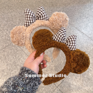 咖色蝴蝶结小熊耳朵发箍秋冬高级感仿羊羔毛头箍洗脸居家面膜压发