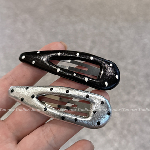 洋气!黑色银色立体颗粒小波点掰掰夹 皮u甜酷时髦发夹边夹刘海夹