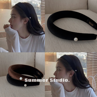 一颗淡水珍珠 丝绒手工缝制发箍 秋冬百搭高颅顶黑色头箍发卡女