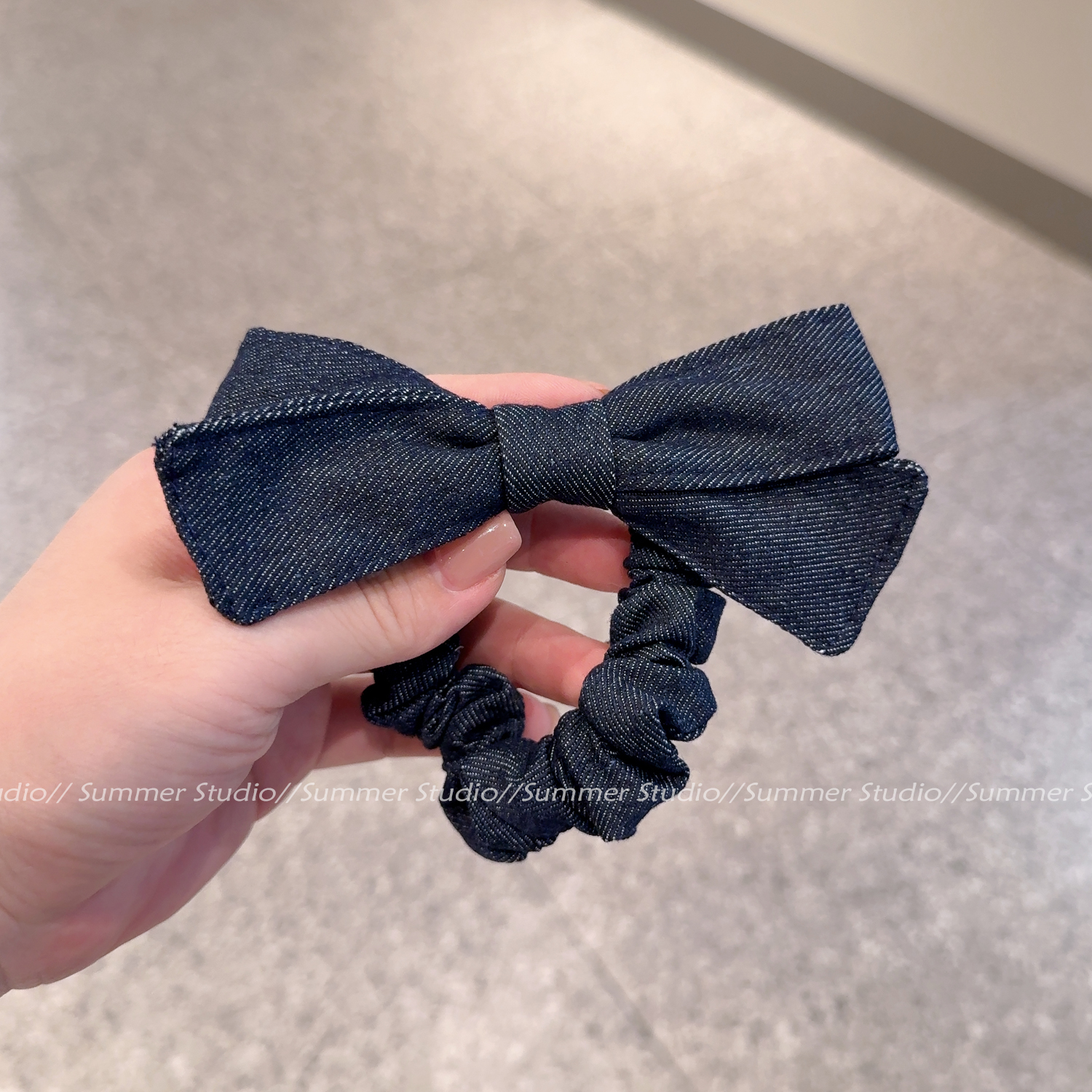 深蓝色牛仔蝴蝶结发圈头花