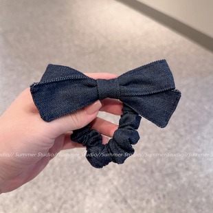 深蓝色牛仔蝴蝶结发圈头花 CEL风休闲百搭肠圈猪大肠头绳马尾皮筋