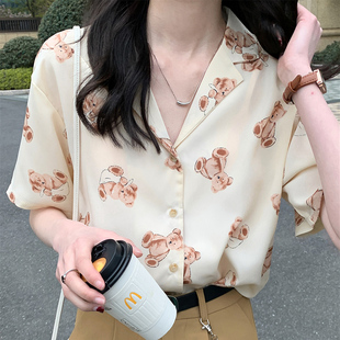 短袖V领衬衫女夏季新款港风POLO衬衣碎花印花小清新西装领上衣