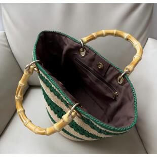 新款 绿色条纹拉菲草女士编织托特包竹节把手提包