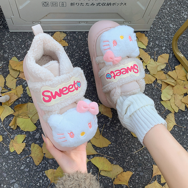 可爱猫咪冬季加绒保暖棉鞋面包鞋低帮魔术贴少女厚底雪地靴超软清