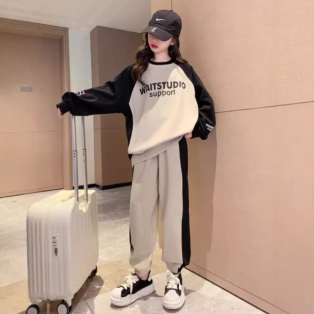 2026新款女童秋季套装中大童韩版字母拼色卫衣卫裤修身休闲两件套