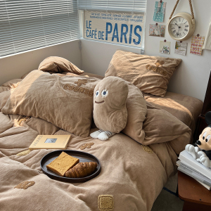 小清新秋冬牛奶绒曲奇饼干四件套少女心卡通刺绣被罩保暖儿童床单