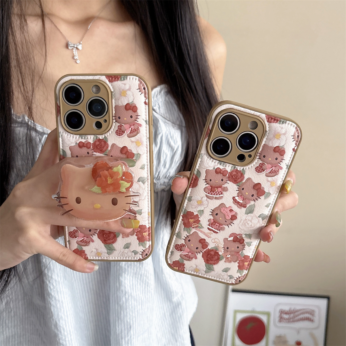 加尔 秋冬复古风红色花朵Kitty猫支架适用苹果17ProMax手机壳iphone15新款16pro可爱款14pro防摔17皮纹保护套