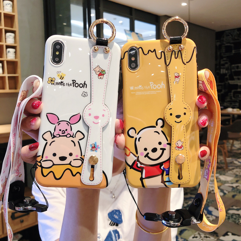 卡通小熊8plus苹果x手机壳挂绳xs max/xr/6s/iphone7硅胶腕带支架苹果11pro max软壳