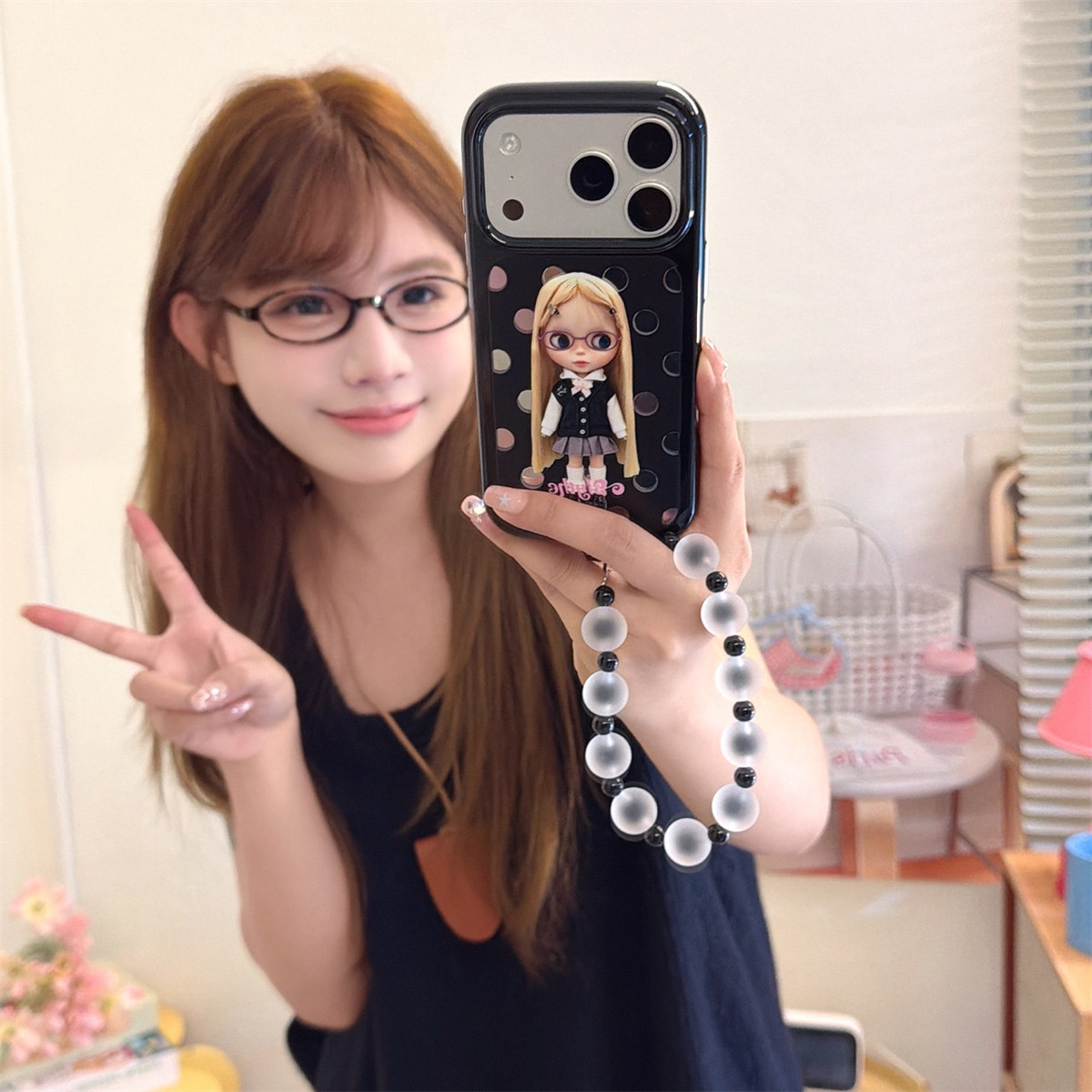 加尔 古早波点黄发眼镜女孩镜面适用苹果17ProMax手机壳iphone15新款16pro女款13创意14pro防摔17Pro保护套