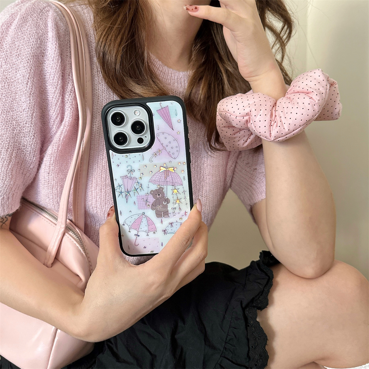 加尔 甜美少女心鎏金星星雨伞可爱小熊适用苹果17promax手机壳iphone15新款13亚克力16女款14pro防摔保护套