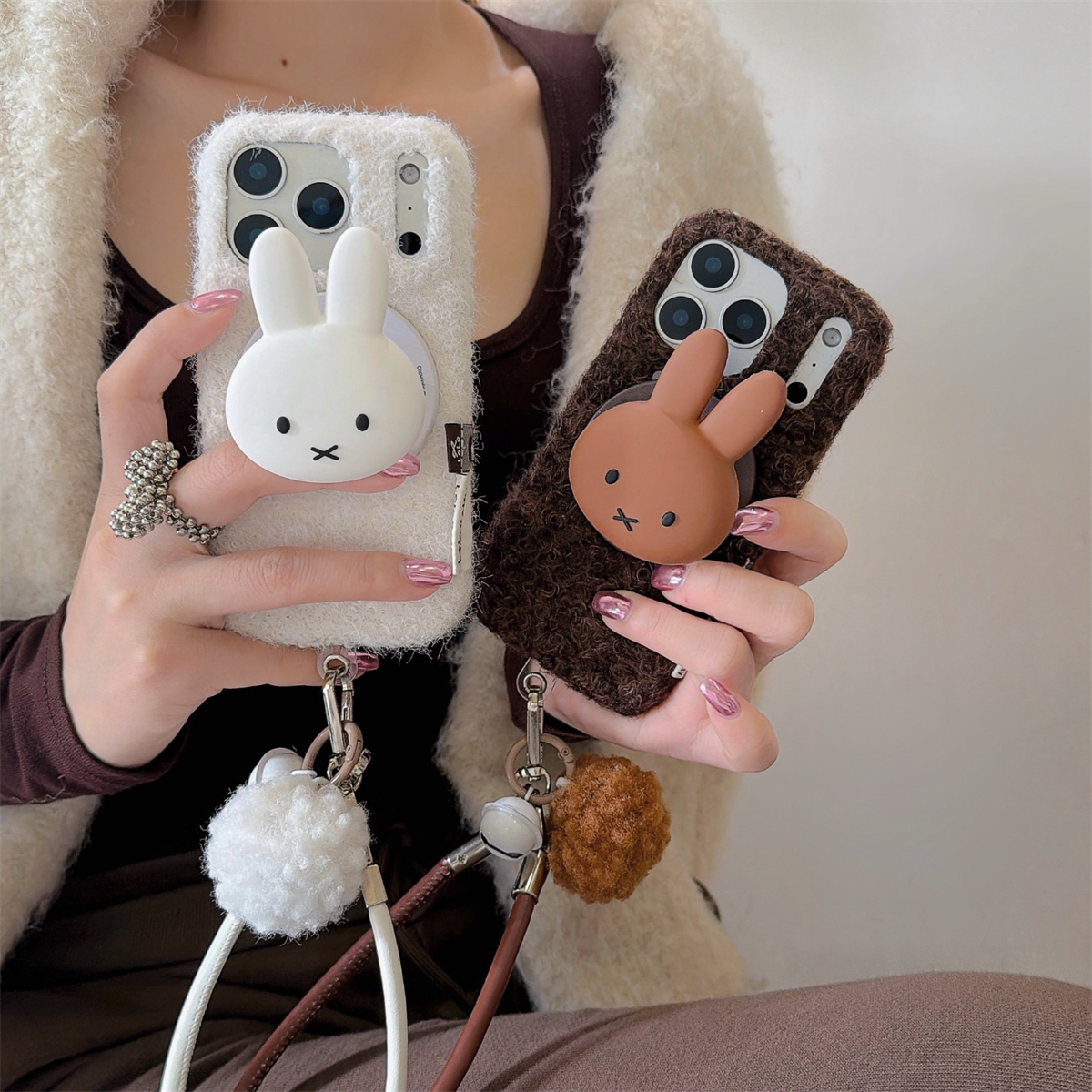 加尔 高级感纯色绒布可爱硅胶米菲兔磁吸支架适用苹果17ProMax手机壳iphone15新款16pro女款14pro防摔保护套