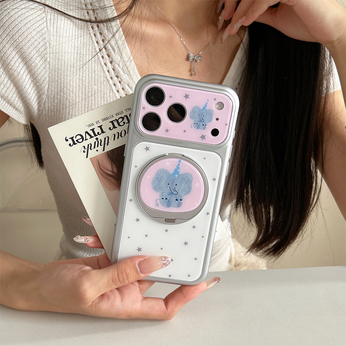 加尔 创意可爱星星大象镜面支架适用苹果17ProMax手机壳iphone15新款16pro女款17滴胶15pro防摔17Pro保护套