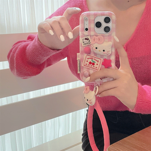 加尔 高级感秋冬绒布可爱樱桃标签Kitty猫适用苹果17ProMax手机壳iphone15新款16pro创意14pro防摔13保护套