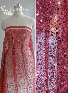 重工红色渐变钉珠珠片刺绣蕾丝G35星光闪闪婚纱晚礼服秀禾服面料