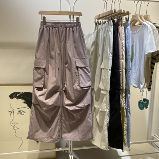 女2025年新款 休閑褲 時尚 潮流傘兵褲 潮 帥氣松緊高腰工裝 闊腿長褲 褲
