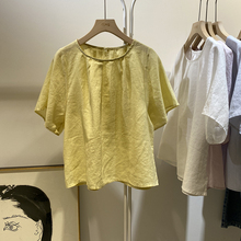 简约百搭纯色圆领短袖衬衫女高级感轻奢减龄洋气苎麻娃娃衫潮上衣