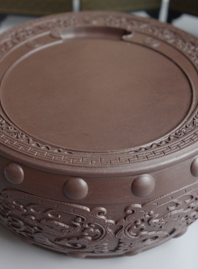 文房四宝端砚 6寸老宋坑“古双龙戏珠”圆鼓端砚台 15cmx6cm