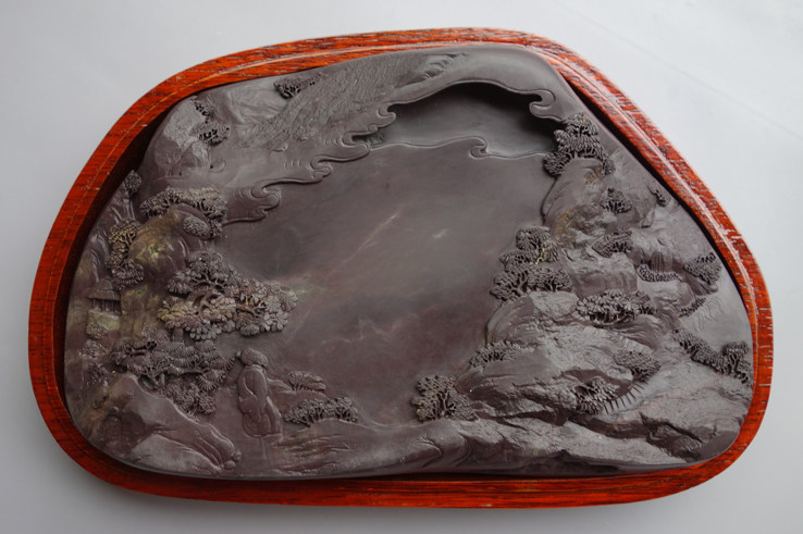 手工雕端砚台 老水麻子坑“紫气东来”端砚台 23cmx14cmx4cm