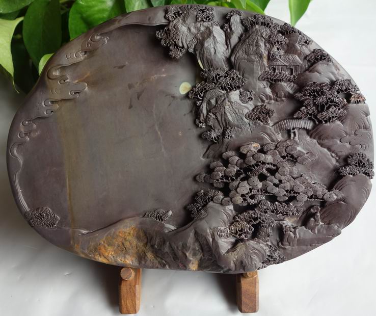 手工孤品端砚砚台文房四宝 老水麻子坑松下闲适砚 26cmx19cmx6cm