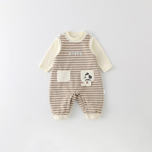 婴儿连体衣春秋季新款男宝宝背带裤套装男童打底衫卡通两件套 a类