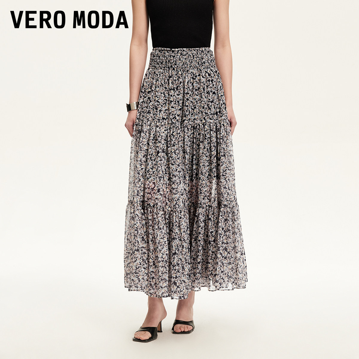 Vero Moda半身裙2025冬新款松紧高腰小碎花图案长裙325216026