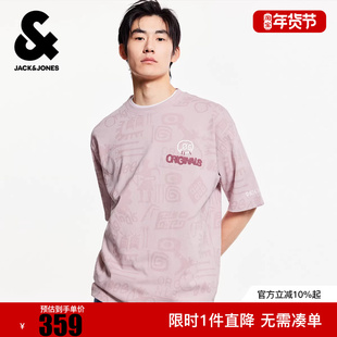 杰克琼斯冬衣身满印潮流百搭舒适简约上衣短袖罗纹圆领T恤男装