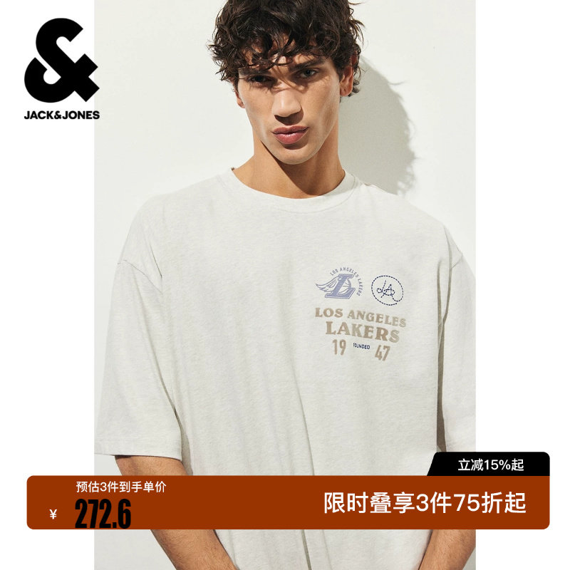 绫致【NBA湖人队】杰克琼斯夏季男装T恤短袖刺绣宽松印花上衣